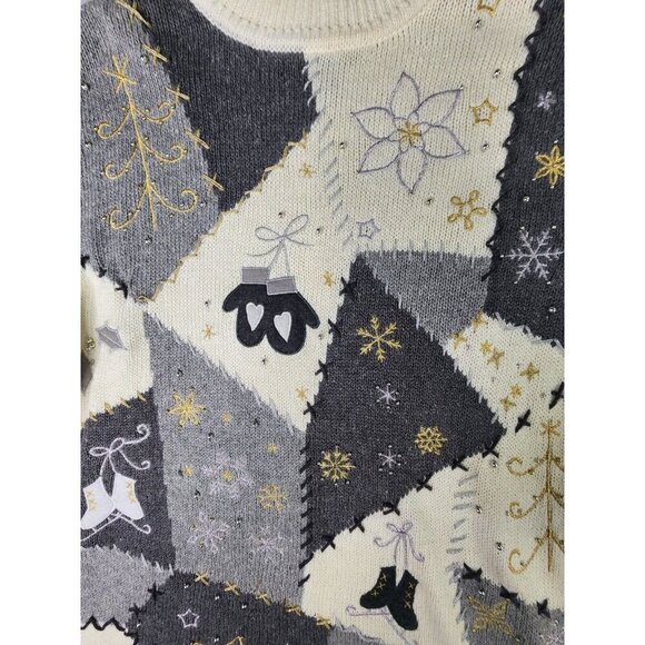 Designers Originals Winter Sweater Women L Ivory Pullover Patchwork Skaters - Picture 5 of 11